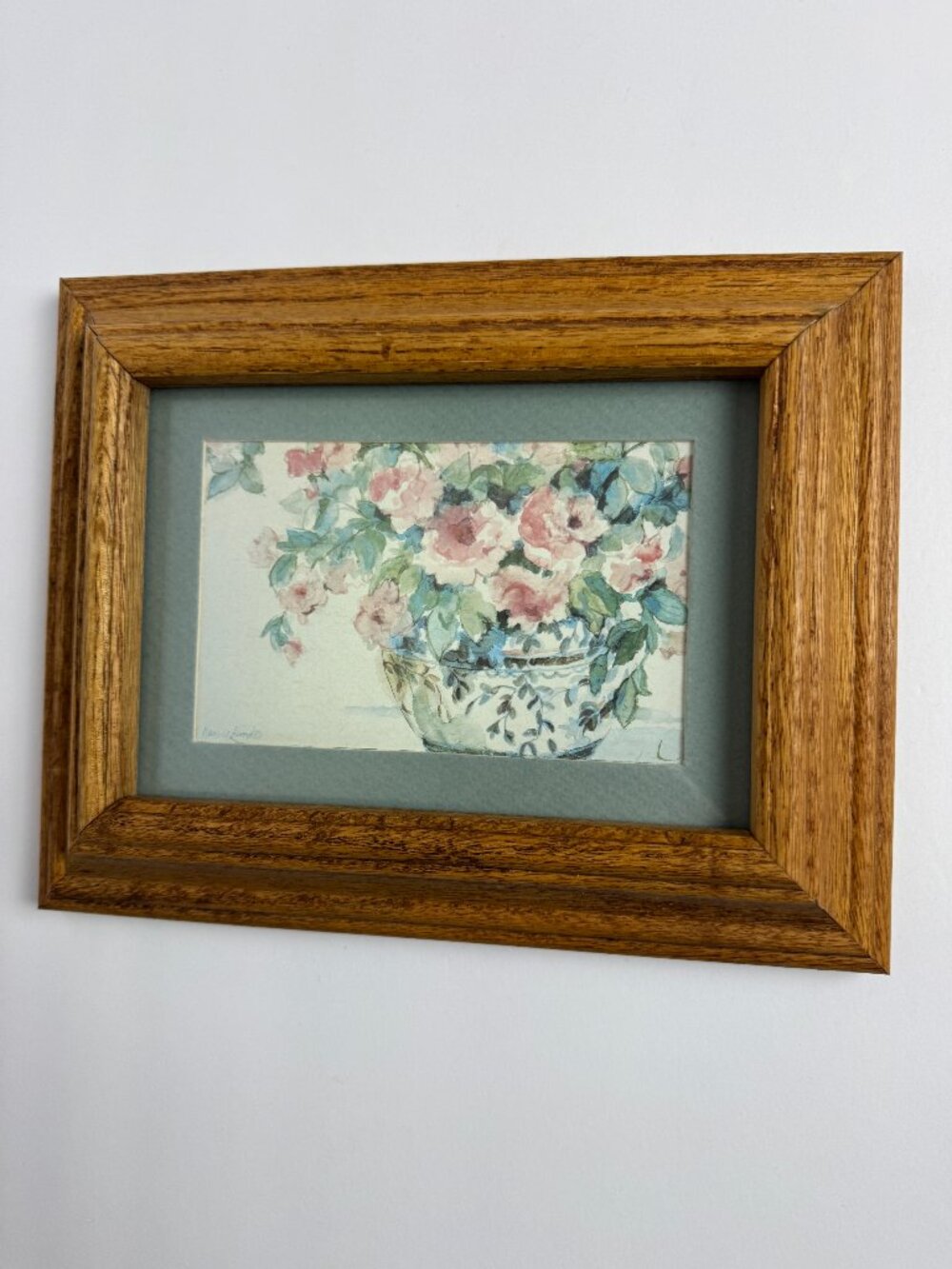Nancy Lund Floral Watercolor Print Framed Pink Roses Vase Farmhouse Cottage Deco